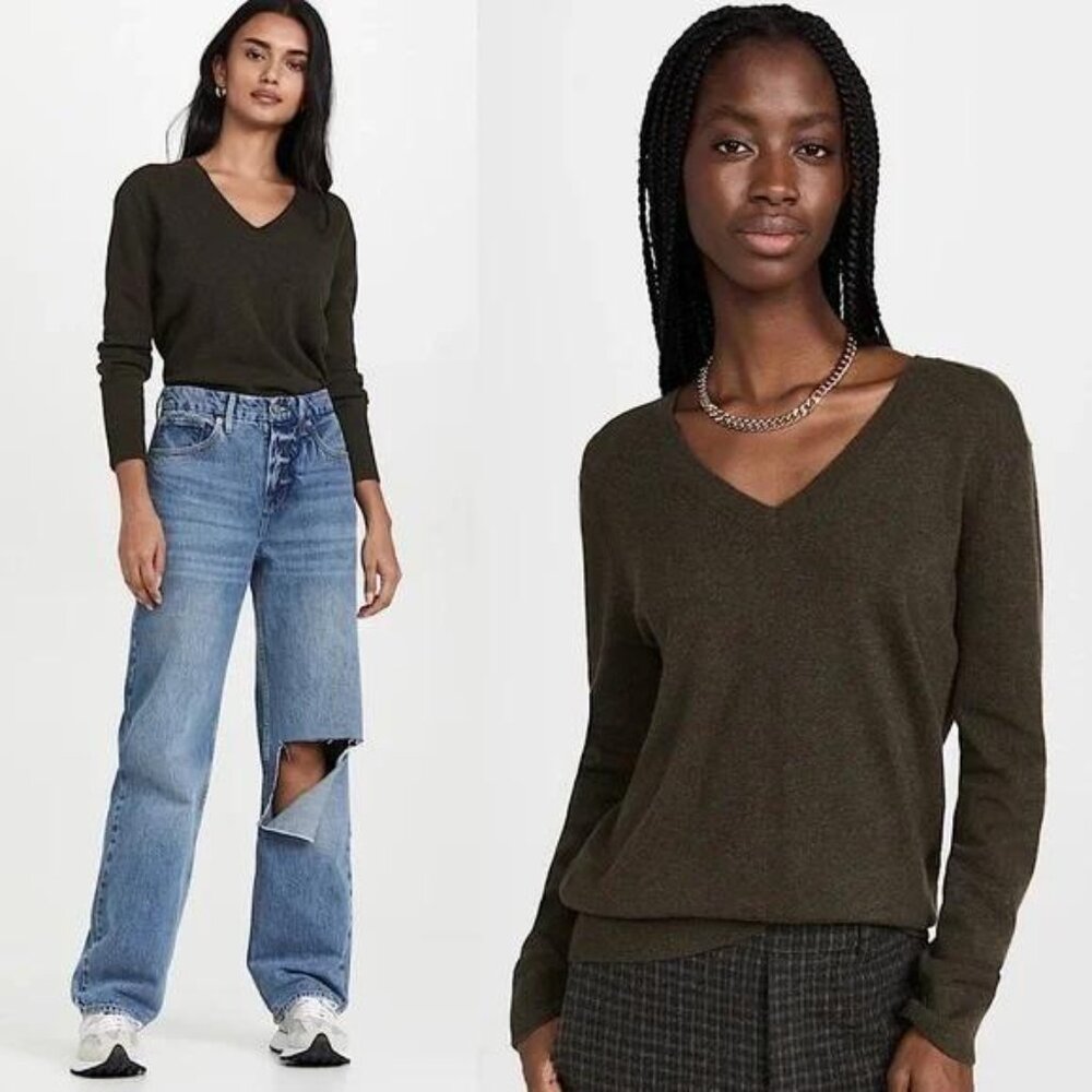 VINCE Forest Green 100% Cashmere Fine Knit V-Neck Pullover Weekend Sweater XXS